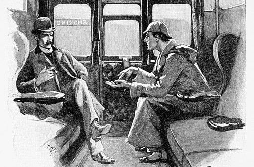 Book Illustration Depicting Sherlock Holmes and Dr. Watson in a Train Cabin