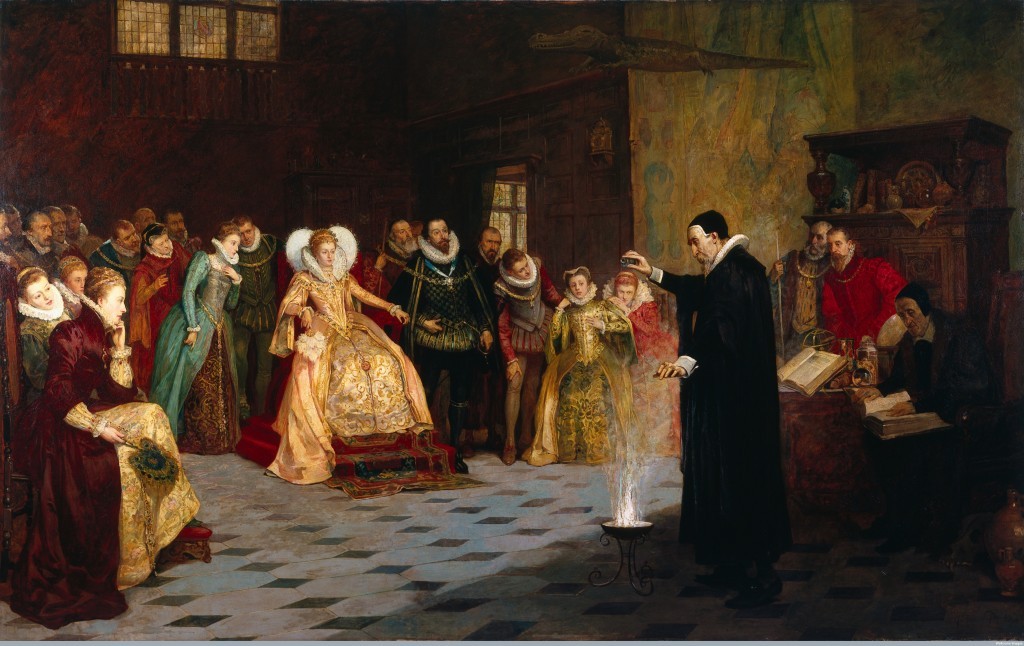 L0021973 John Dee performing an experiment before Queen Elizabeth I. Credit: Wellcome Library, London. Wellcome Images images@wellcome.ac.uk http://wellcomeimages.org John Dee performing an experiment before Queen Elizabeth I. Oil painting by Henry Gillard Glindoni. By: Henry Gillard GlindoniPublished: - Copyrighted work available under Creative Commons Attribution only licence CC BY 4.0 http://creativecommons.org/licenses/by/4.0/