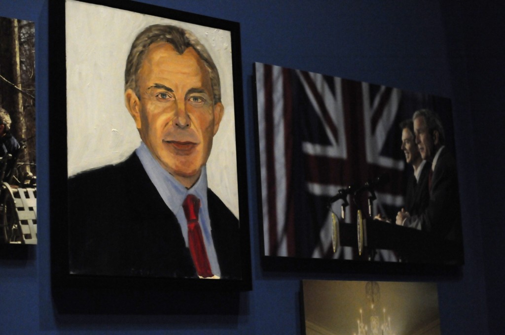 A portrait of former British Prime Minister Tony Blair which are part of the exhibit "The Art of Leadership: A President's Diplomacy," is on display at the George W. Bush Presidential Library and Museum in Dallas, Friday, April 4, 2014. The exhibit of portraits of world leaders painted by former President Goerge W. Bush opens Saturday and runs through June 3. (AP Photo/Benny Snyder)