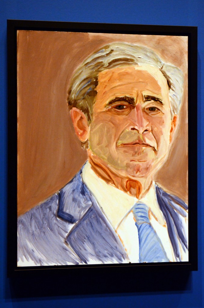 A self portrait of former President George W. Bush which is part of the exhibit "The Art of Leadership: A President's Diplomacy," is on display at the George W. Bush Presidential Library and Museum in Dallas, Friday, April 4, 2014. The exhibit of world leader portraits painted by the former president opens Saturday and runs through June 3. (AP Photo/Benny Snyder)