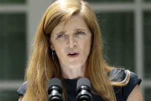 Samantha Power, President Barack Obama choice for next UN Ambassador, speaks in the Rose Garden of the White House in Washington, Wednesday,June 5, 2013, after the president made the announcement. Power is a fiery human rights advocate who has famously taken presidents to task for refusing to use military force to stop genocide. Nominated as the next U.N. ambassador, she may have to bite her tongue as the Obama administration resists getting drawn into Syria. (AP Photo/Pablo Martinez Monsivais)