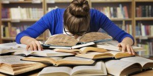 Student Studying Hard Exam and Sleeping on Books, Tired Girl Read Difficult Book in Library