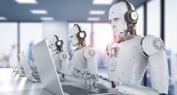 3d rendering humanoid robots working with headset and notebook