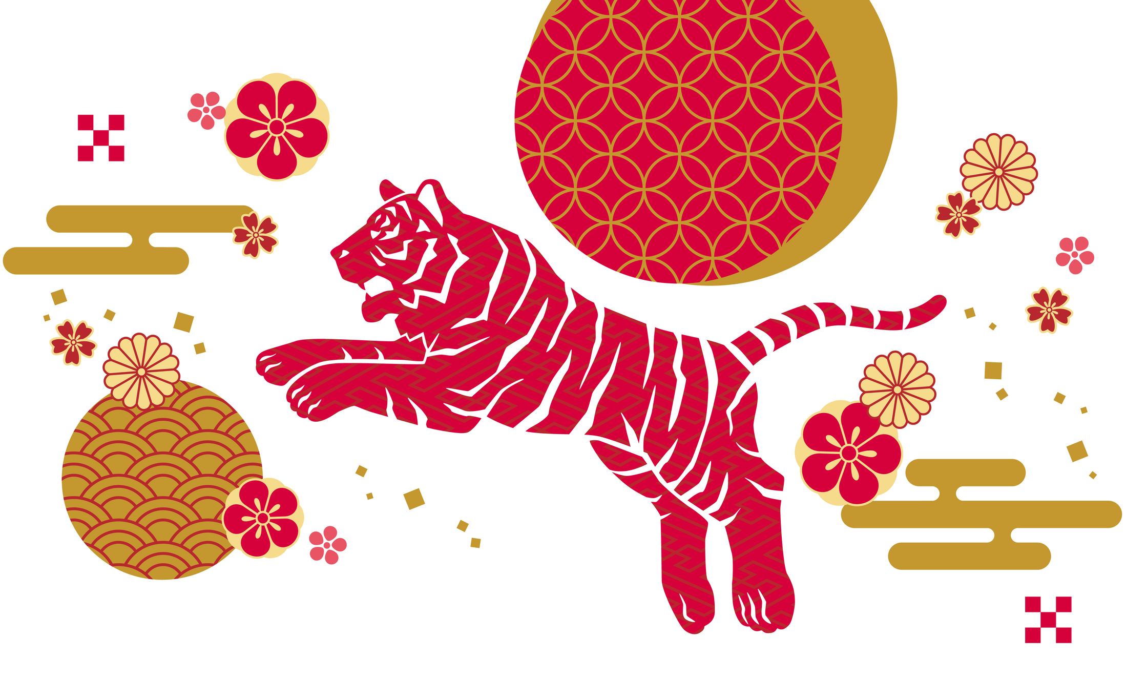 Illustration material of the silhouette of a bouncing tiger seen from the side. Background material with Japanese-style pattern of red and gold.