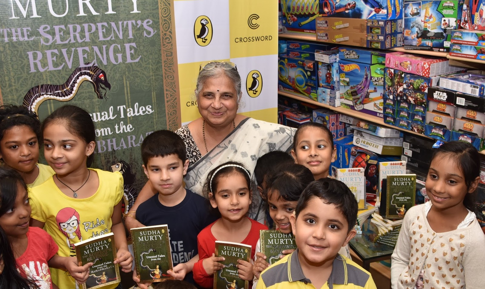 Sudha Murty along with kids fan unveiling The Serpents Revenge unusual talks from the Mahabharata- First book in the Mythology genre at Crossword Bookstore Mumbai